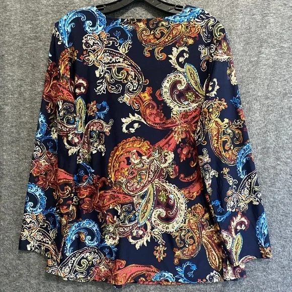 Cocomo Top Womens 1X Blue Paisley Artsy Tie Front Stretch Flowy Popover Office - Picture 5 of 9